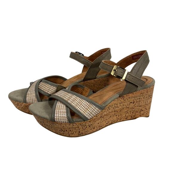 Clarks 'Elleri Plum' Sage Green Cork Wedge Sandals Comfort Cushion US 8 M - Picture 1 of 10